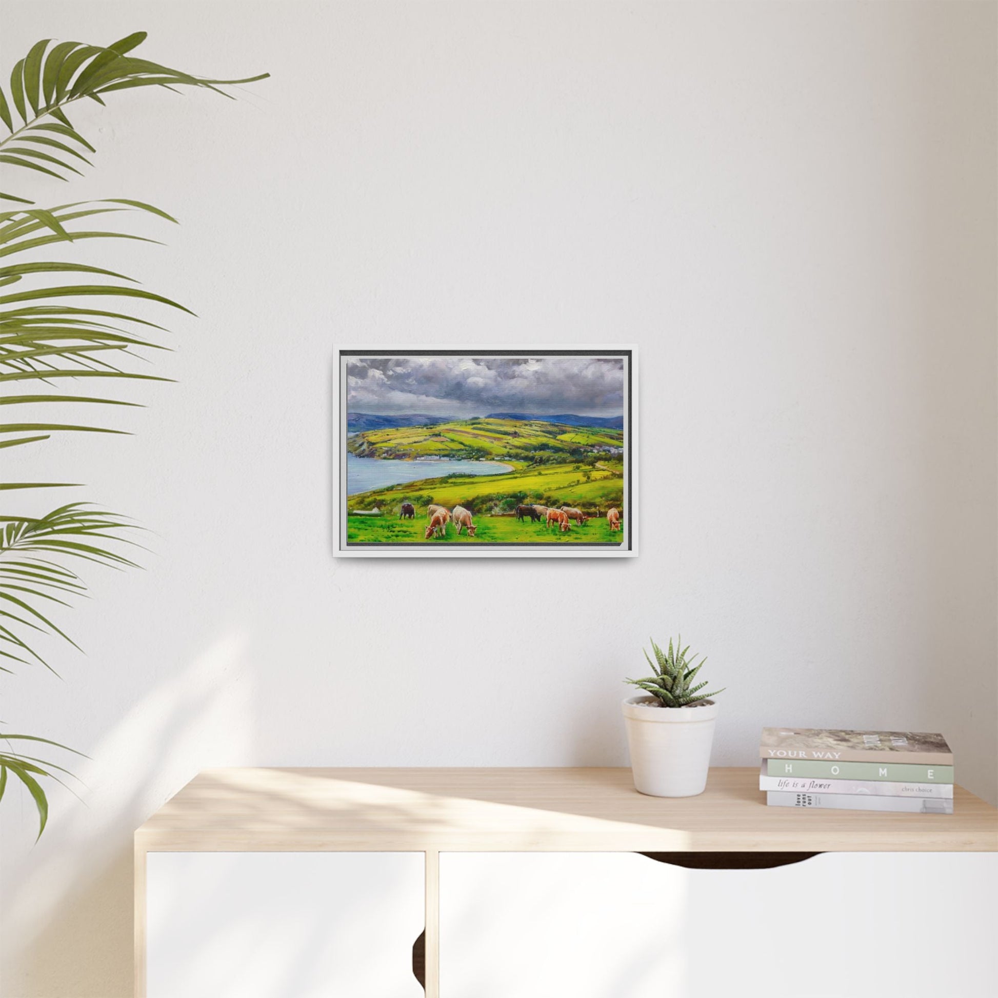 Cushendon Hills wall art showcasing rolling hills and scenic Irish landscapes, framed in high-quality materials for an elegant look.