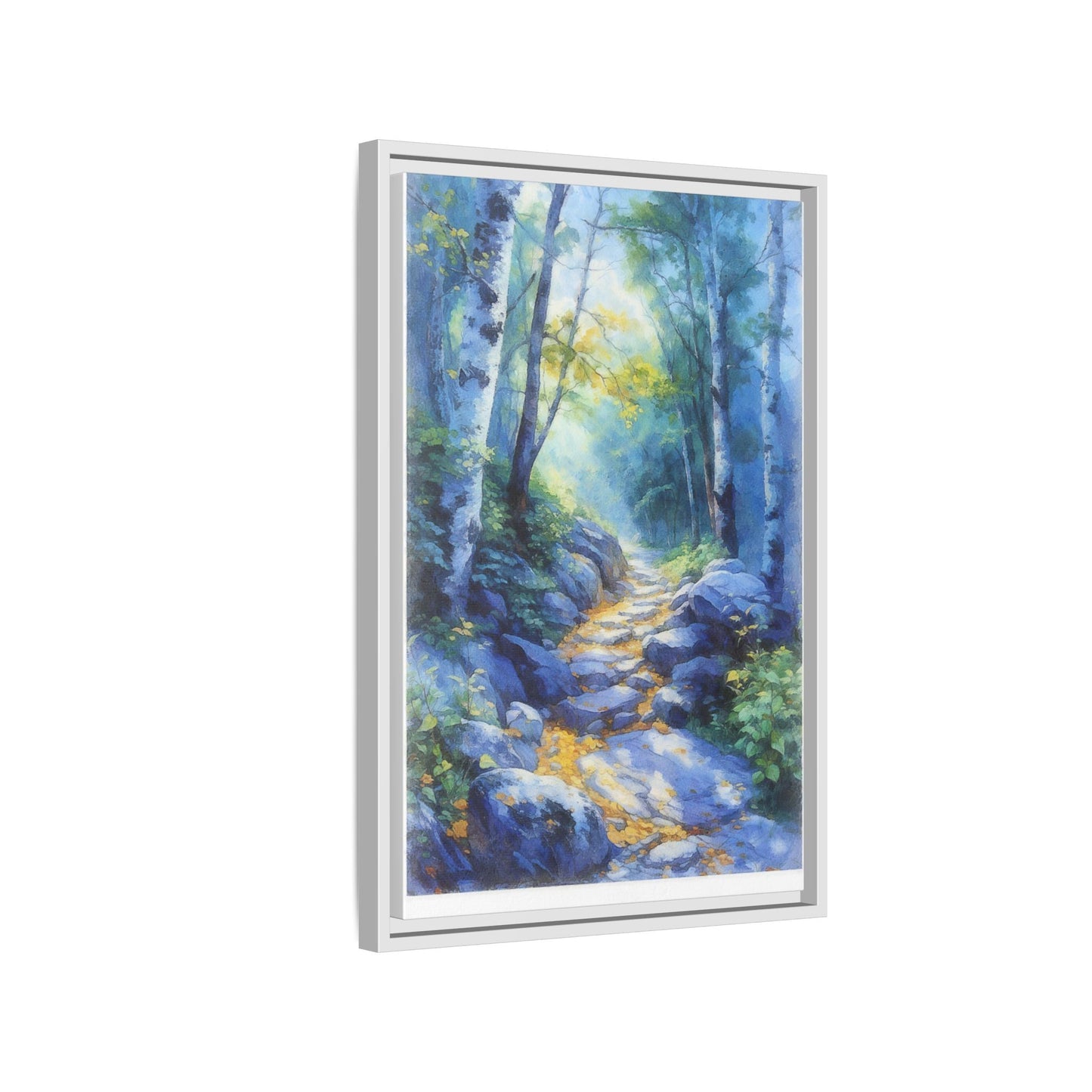 Blue Forest Path II wall art featuring a tranquil forest scene with a serene blue-toned path, printed on high-quality canvas for timeless décor.