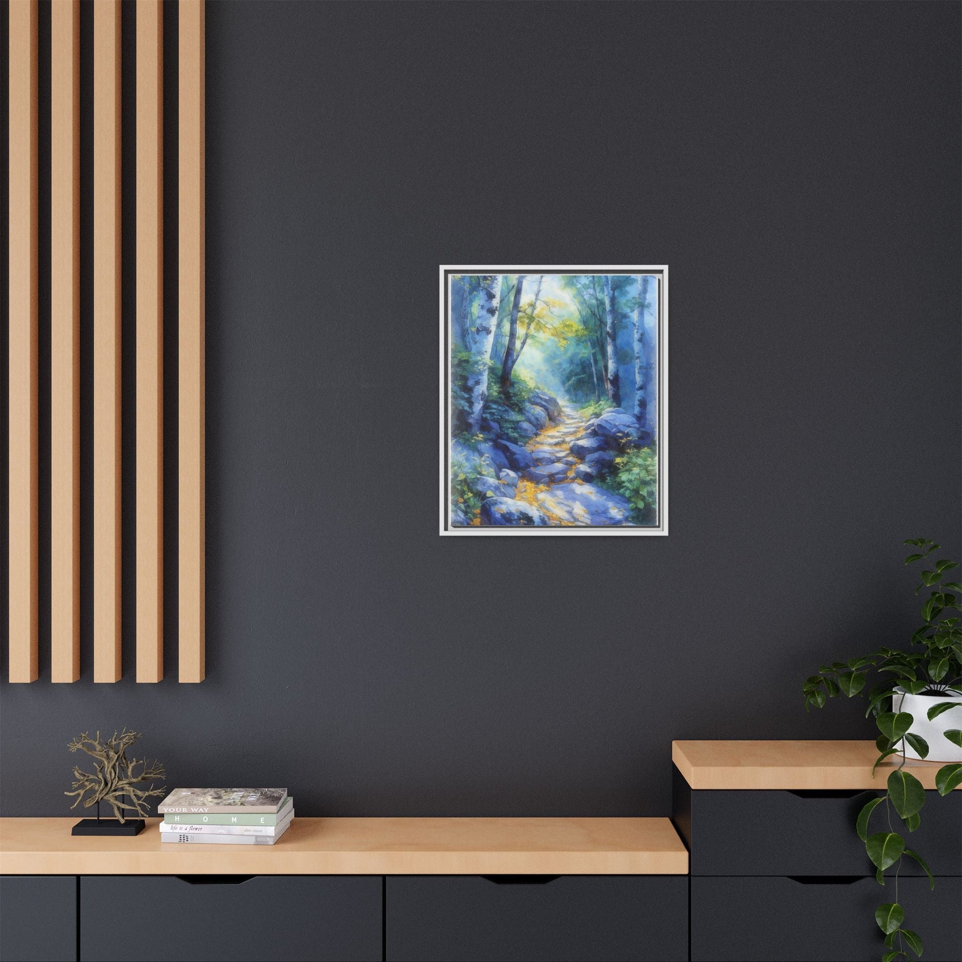 Blue Forest Path II wall art featuring a tranquil forest scene with a serene blue-toned path, printed on high-quality canvas for timeless décor.