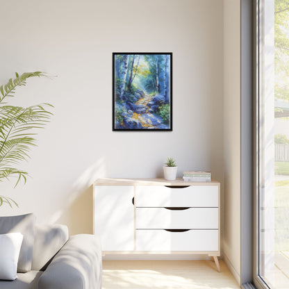 Blue Forest Path II wall art featuring a tranquil forest scene with a serene blue-toned path, printed on high-quality canvas for timeless décor.