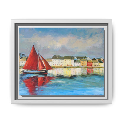 Galway Hooker Leaving Port wall art featuring a Galway Hooker boat sailing in a coastal scene, printed on high-quality canvas with a premium frame.