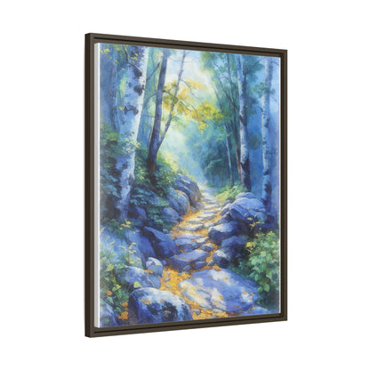 Blue Forest Path II wall art featuring a tranquil forest scene with a serene blue-toned path, printed on high-quality canvas for timeless décor.