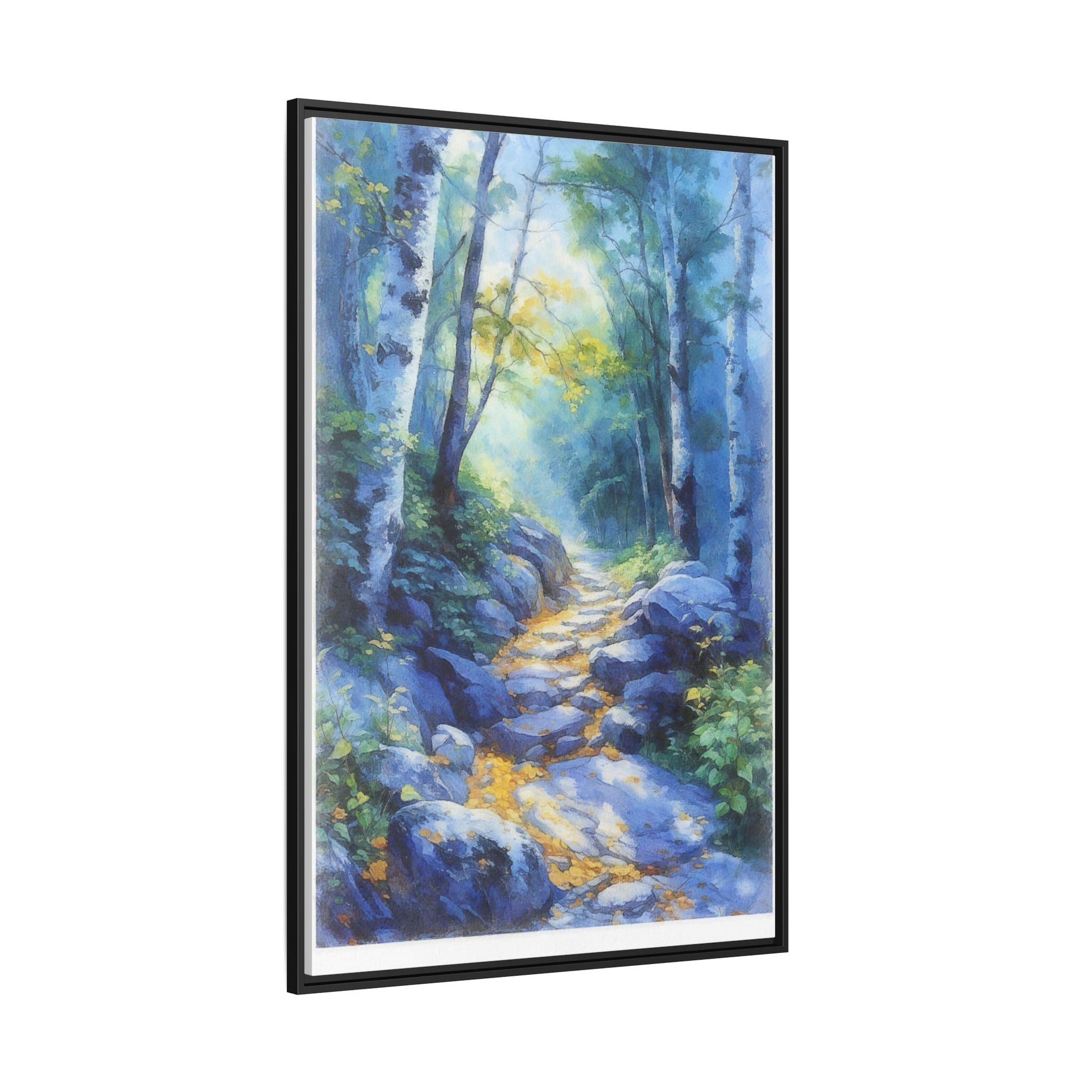 Blue Forest Path II wall art featuring a tranquil forest scene with a serene blue-toned path, printed on high-quality canvas for timeless décor.