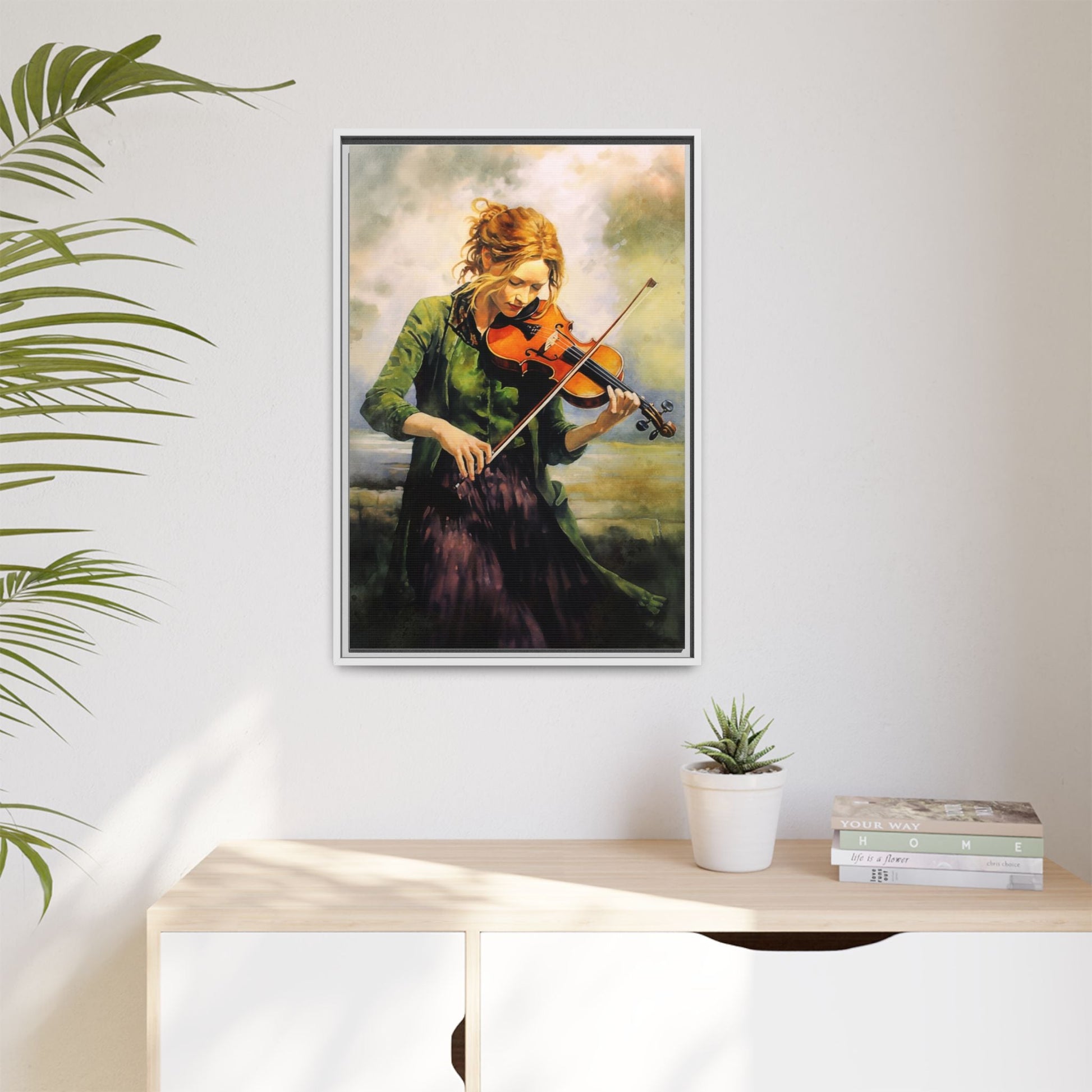 Young Girl with Fiddle wall art featuring a young musician playing the fiddle, printed on high-quality canvas for timeless and elegant décor.