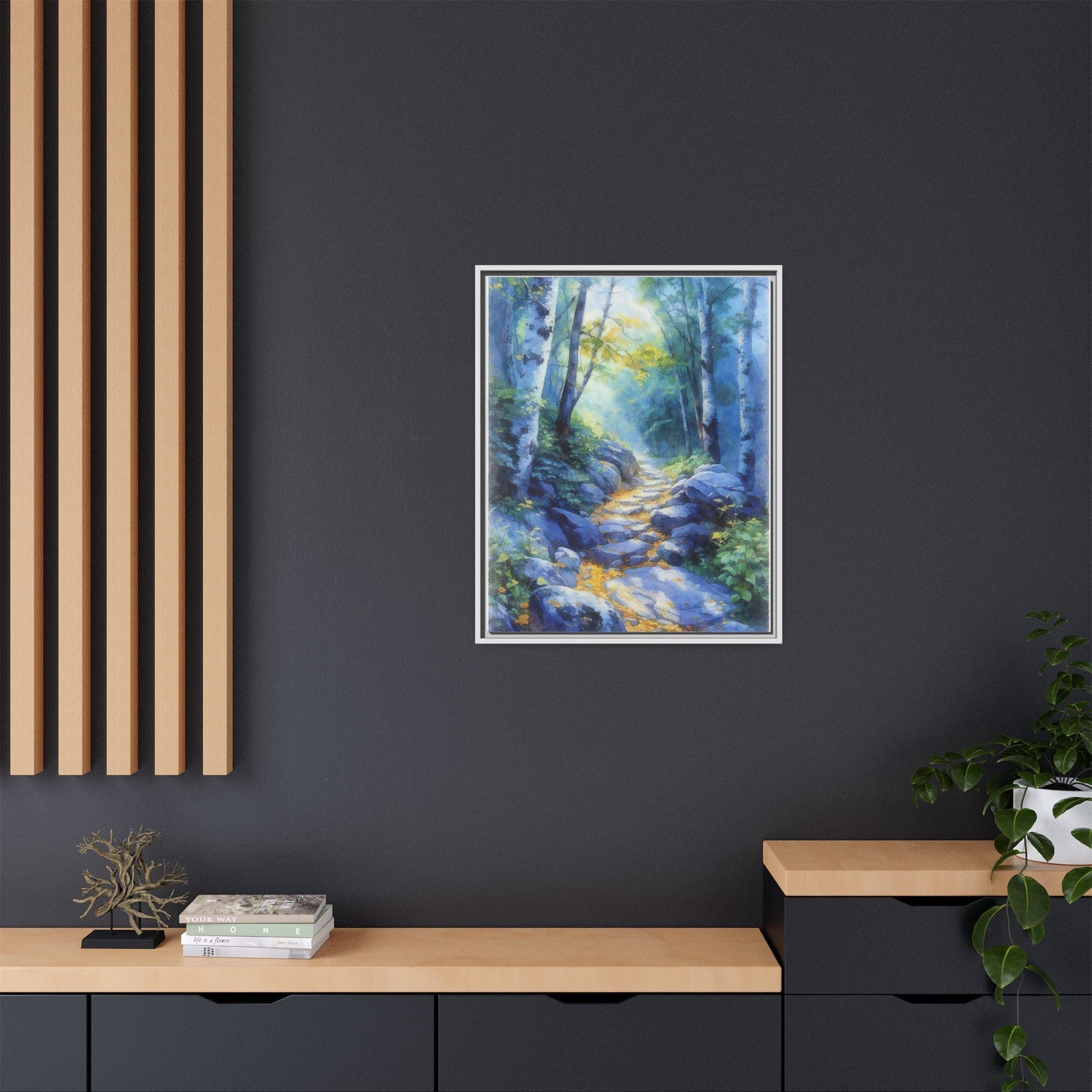 Blue Forest Path II wall art featuring a tranquil forest scene with a serene blue-toned path, printed on high-quality canvas for timeless décor.