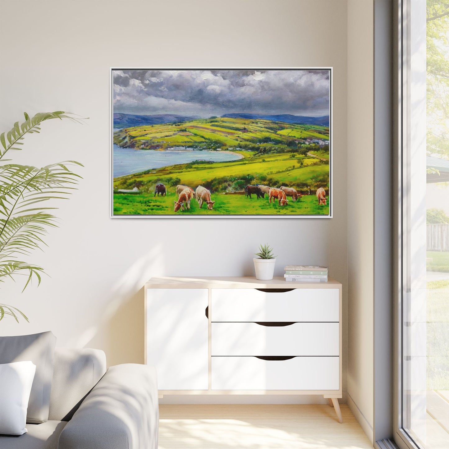 Cushendon Hills wall art showcasing rolling hills and scenic Irish landscapes, framed in high-quality materials for an elegant look.