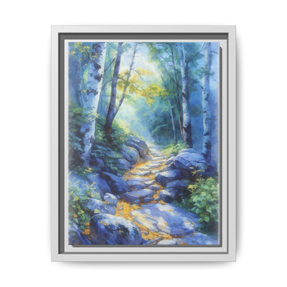 Blue Forest Path II wall art featuring a tranquil forest scene with a serene blue-toned path, printed on high-quality canvas for timeless décor.