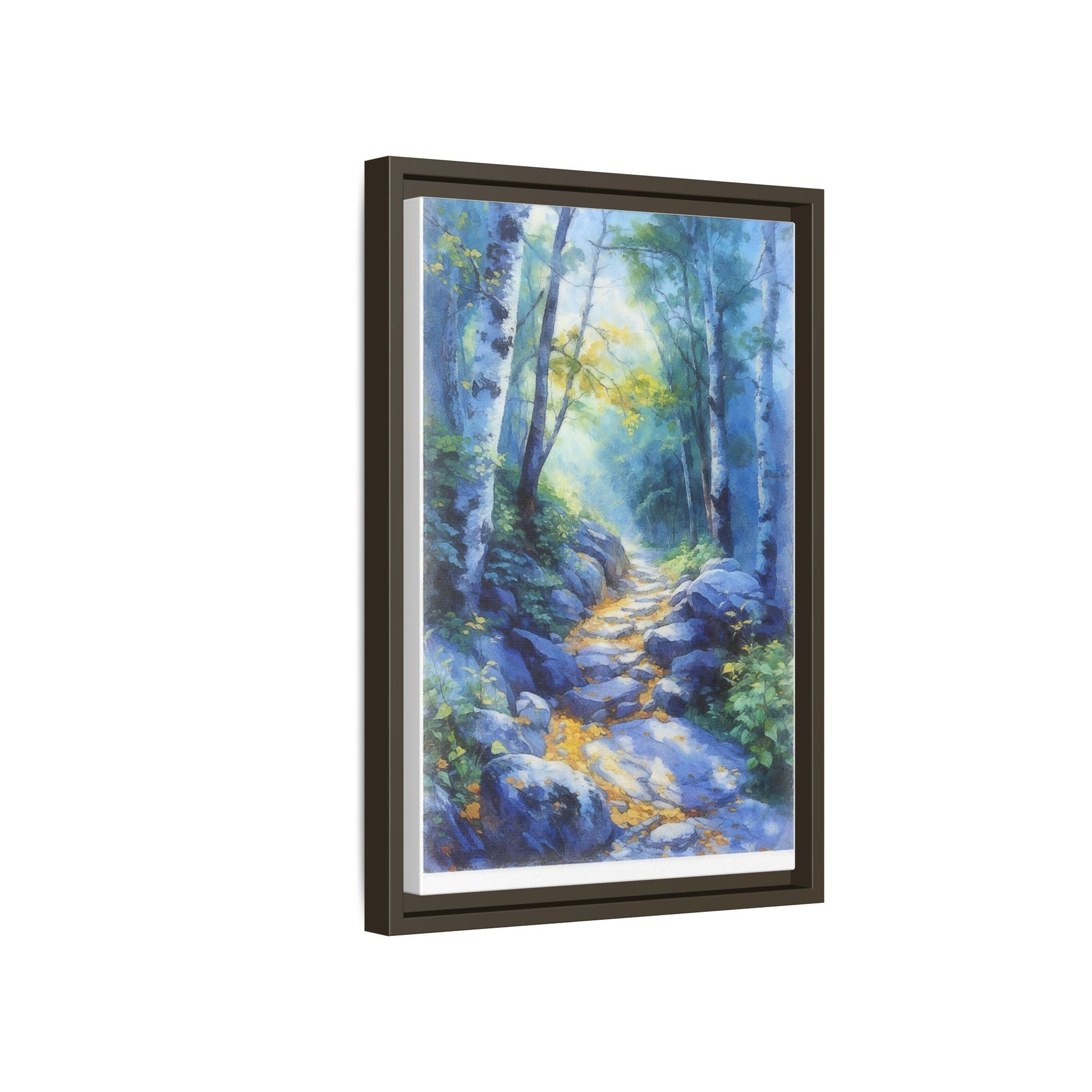 Blue Forest Path II wall art featuring a tranquil forest scene with a serene blue-toned path, printed on high-quality canvas for timeless décor.