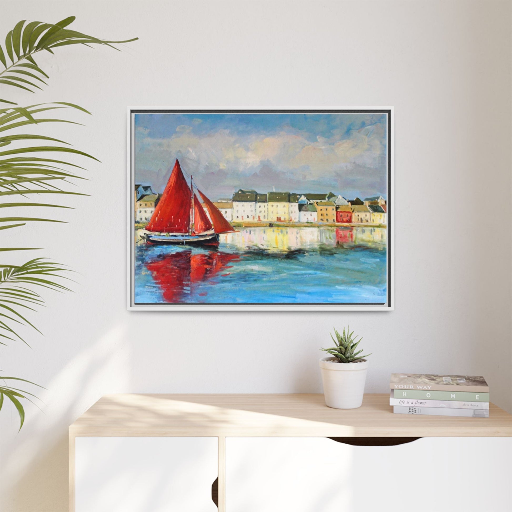 Galway Hooker Leaving Port wall art featuring a Galway Hooker boat sailing in a coastal scene, printed on high-quality canvas with a premium frame.