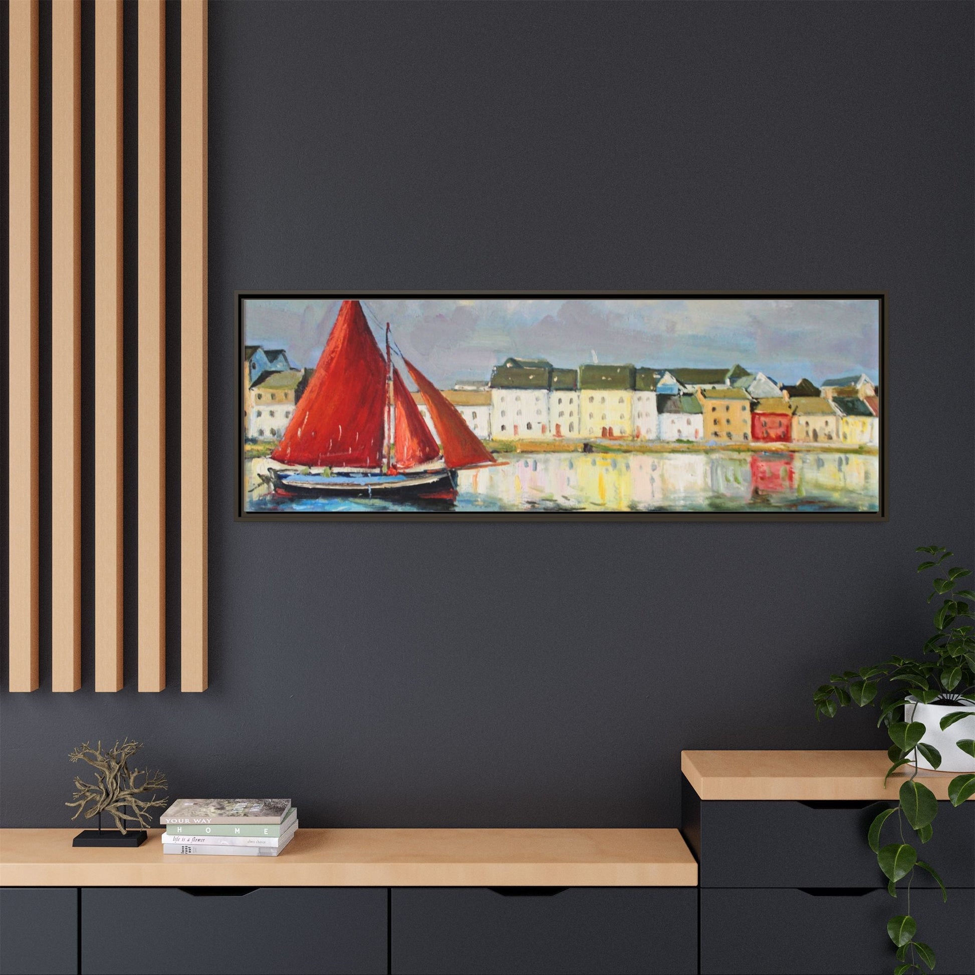 Galway Hooker Leaving Port wall art featuring a Galway Hooker boat sailing in a coastal scene, printed on high-quality canvas with a premium frame.