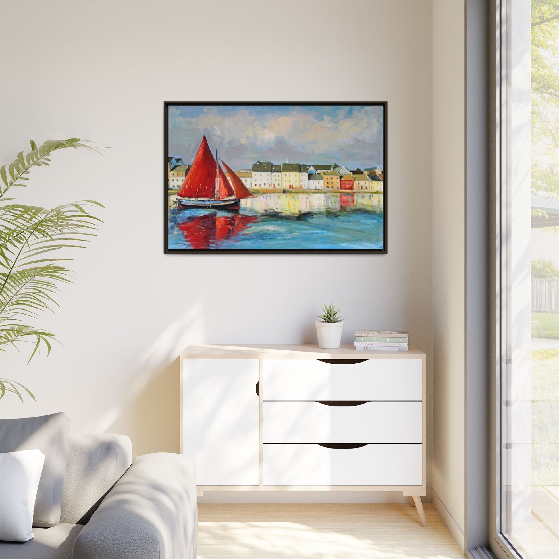 Galway Hooker Leaving Port wall art featuring a Galway Hooker boat sailing in a coastal scene, printed on high-quality canvas with a premium frame.