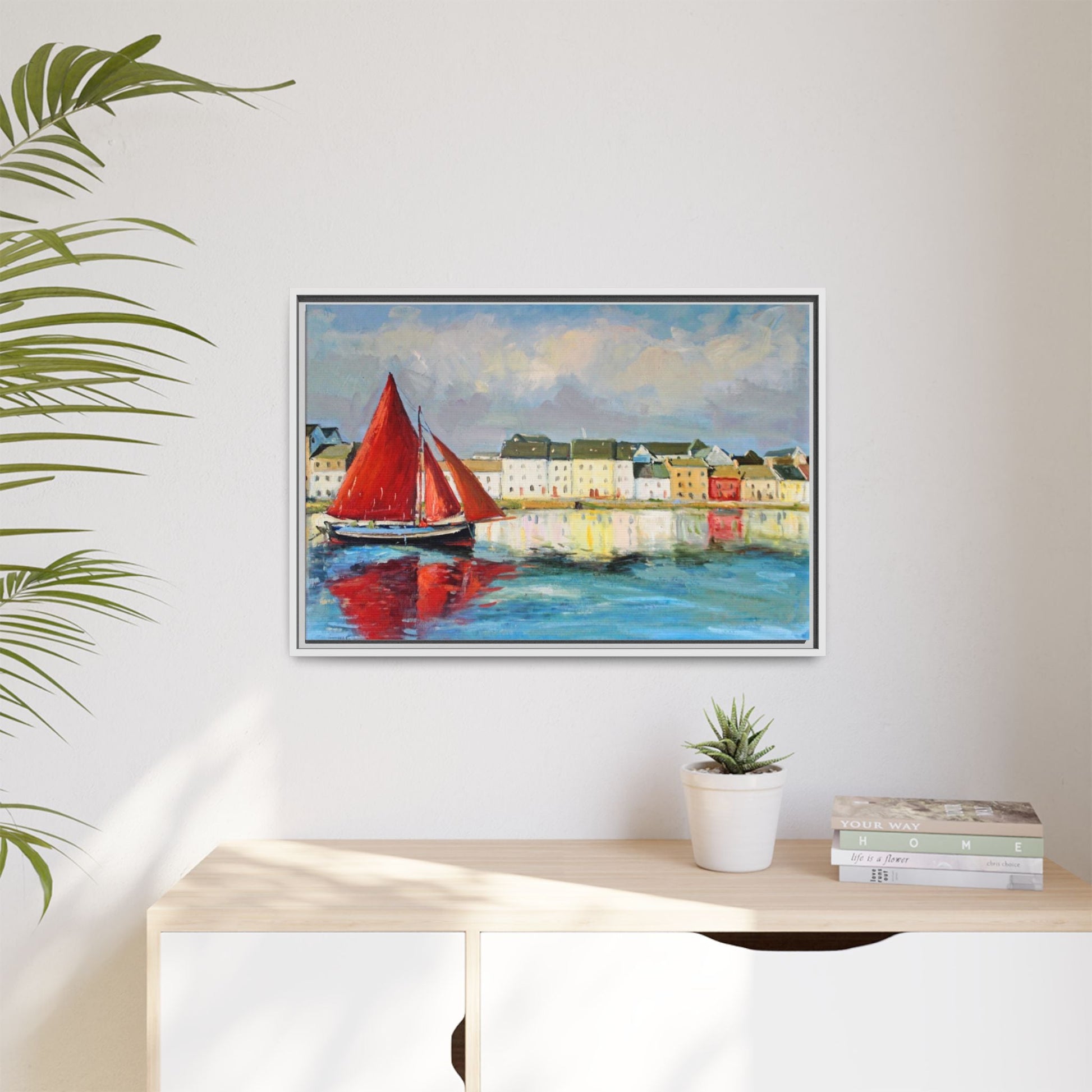 Galway Hooker Leaving Port wall art featuring a Galway Hooker boat sailing in a coastal scene, printed on high-quality canvas with a premium frame.