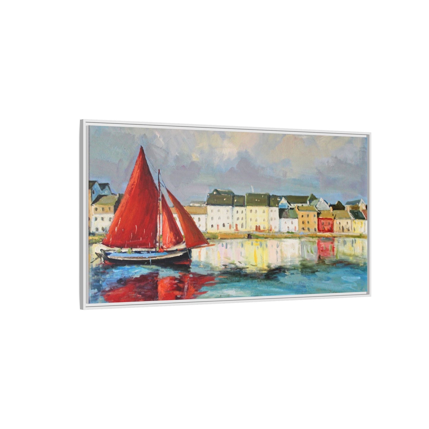 Galway Hooker Leaving Port wall art featuring a Galway Hooker boat sailing in a coastal scene, printed on high-quality canvas with a premium frame.