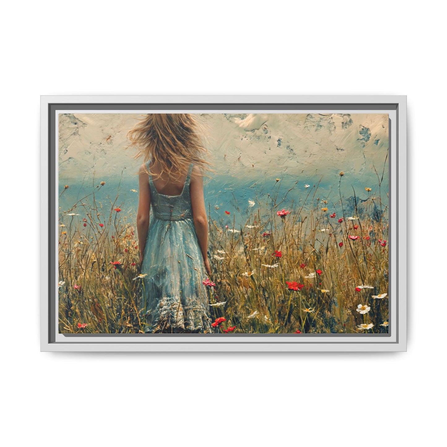 Young Girl Looking Out To Sea wall art, featuring a peaceful ocean view and a young girl in contemplation, printed on high-quality canvas for timeless décor.