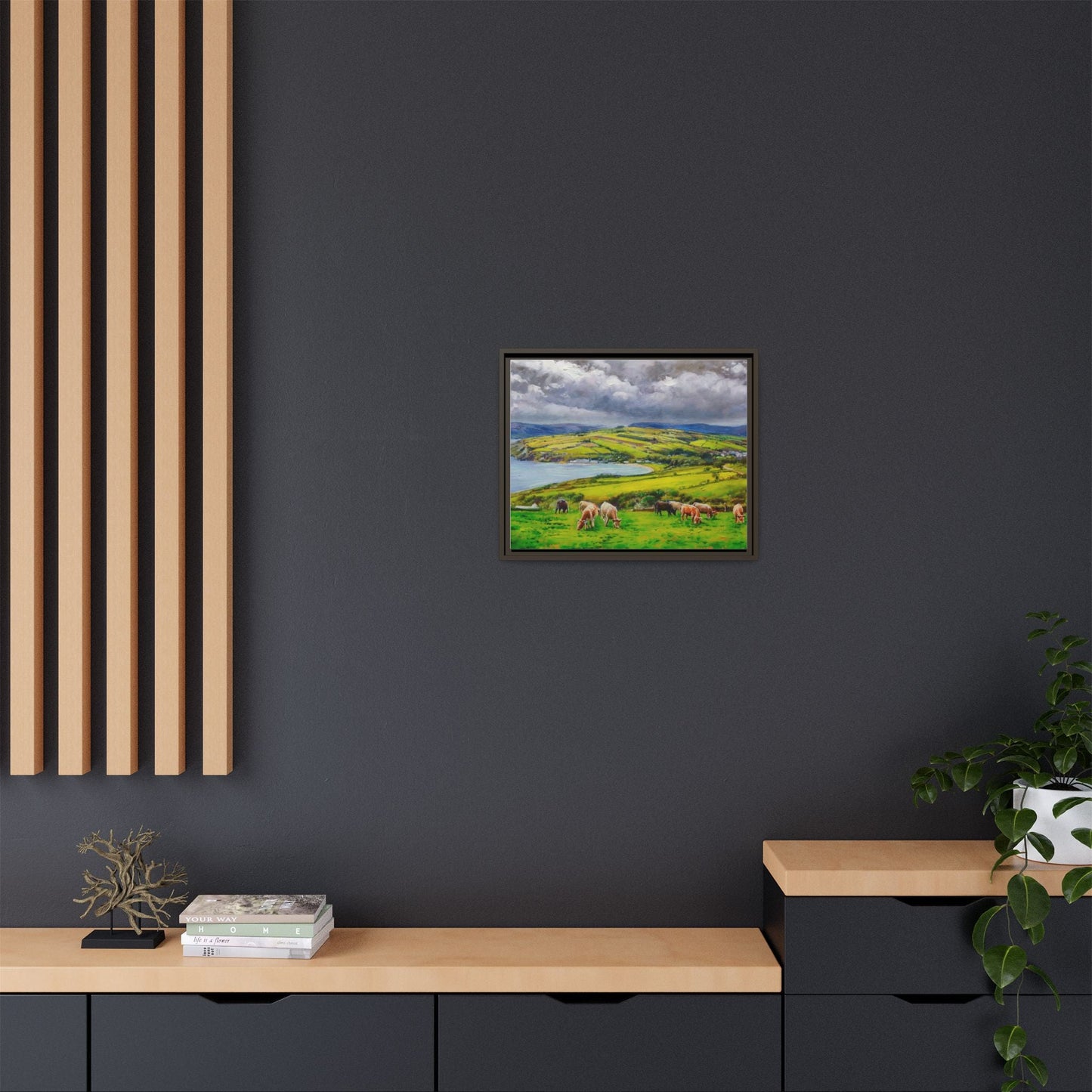 Cushendun Hills wall art showcasing rolling hills and scenic Irish landscapes, framed in high-quality materials for an elegant look.