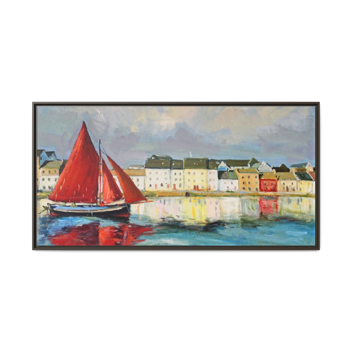 Galway Hooker Leaving Port wall art featuring a Galway Hooker boat sailing in a coastal scene, printed on high-quality canvas with a premium frame.