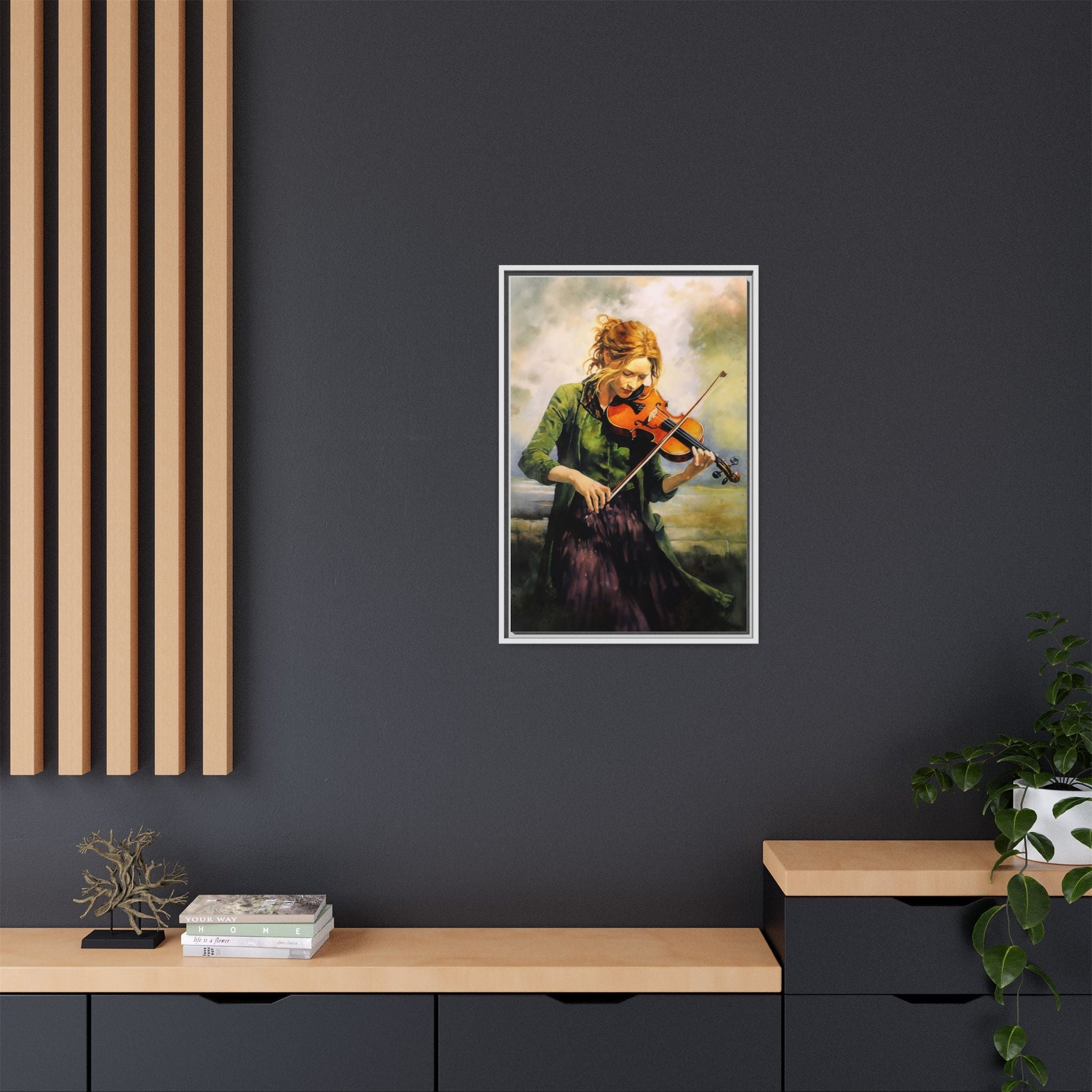 Young Girl with Fiddle wall art featuring a young musician playing the fiddle, printed on high-quality canvas for timeless and elegant décor.