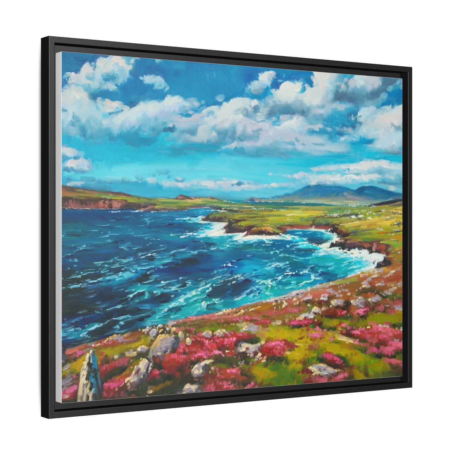 Dingle Peninsula wall art featuring a scenic view of Ireland's rugged coastline, printed on high-quality canvas with a premium frame.