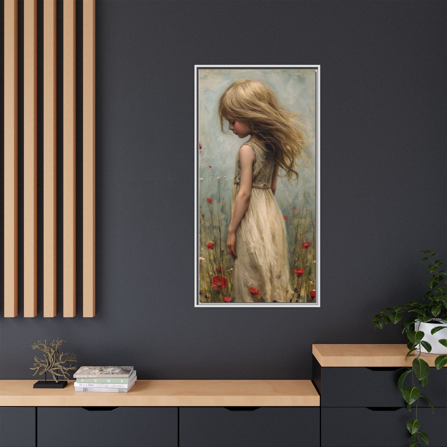 Young Girl In Flowers – Elegant pinewood-framed wall art featuring a high-quality cotton-polyester canvas with vibrant colors and a timeless design.