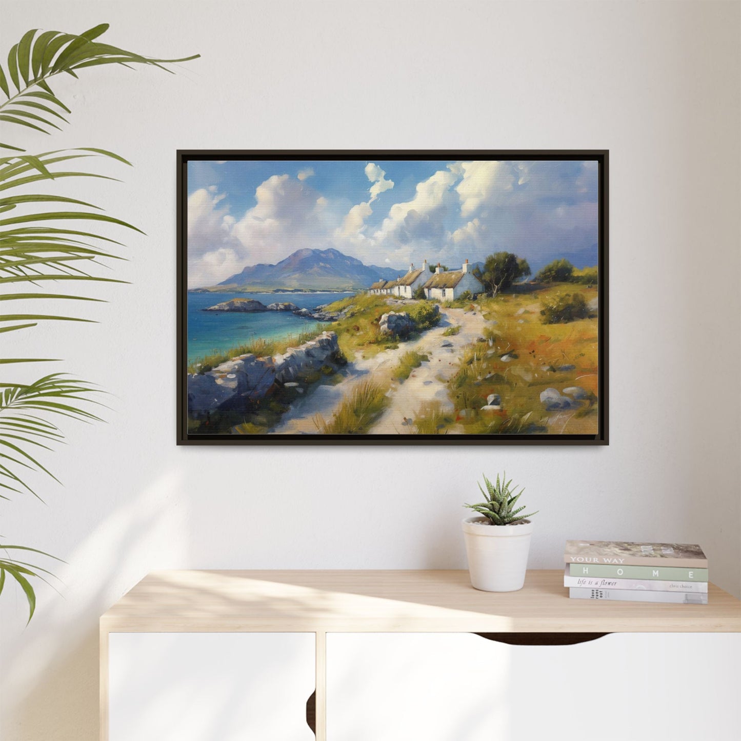 Blustery Day wall art featuring a dramatic wind-swept landscape in a pinewood frame.