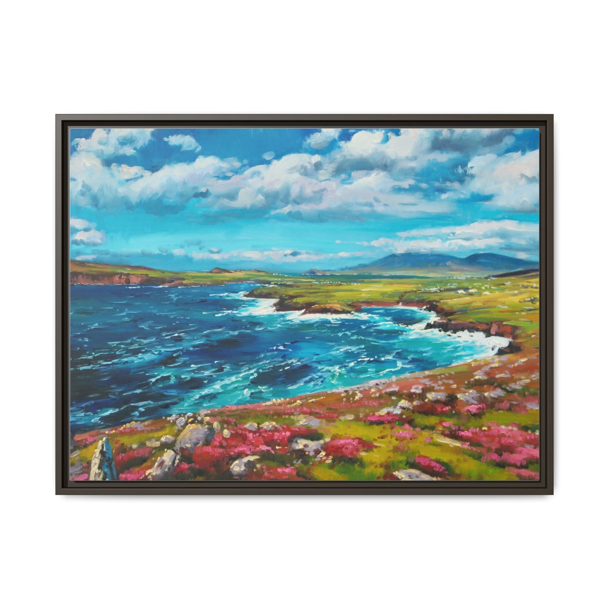 Dingle Peninsula wall art featuring a scenic view of Ireland's rugged coastline, printed on high-quality canvas with a premium frame.