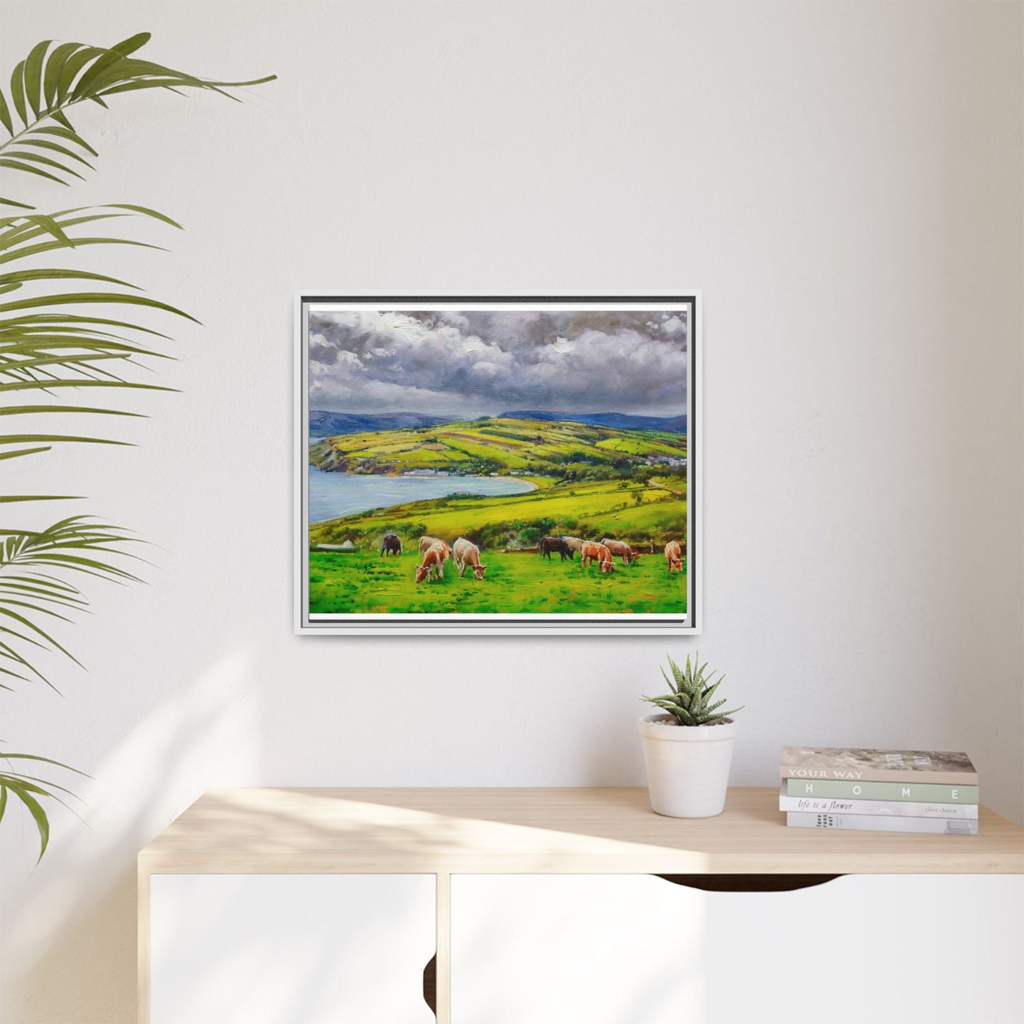 Cushendon Hills wall art showcasing rolling hills and scenic Irish landscapes, framed in high-quality materials for an elegant look.