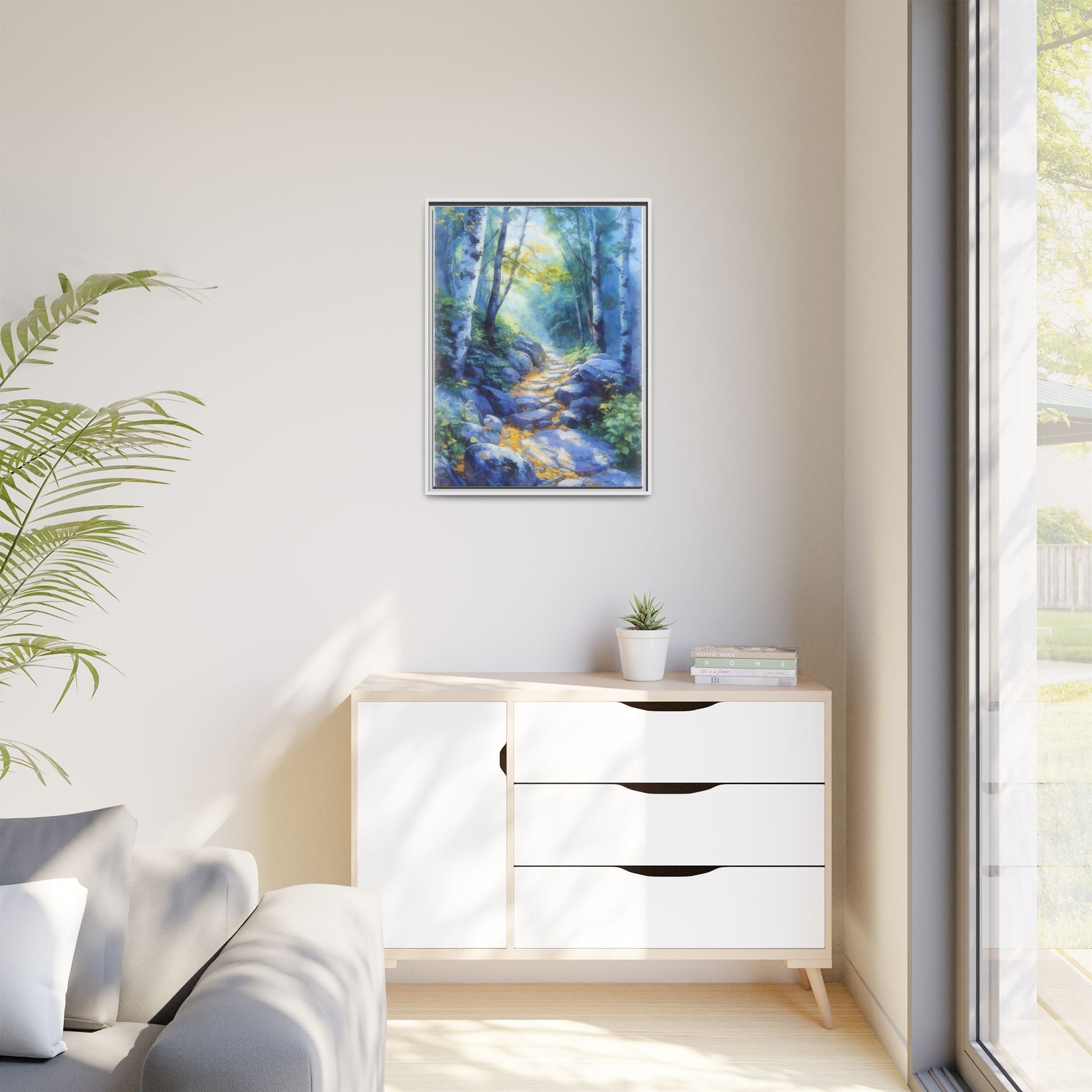 Blue Forest Path II wall art featuring a tranquil forest scene with a serene blue-toned path, printed on high-quality canvas for timeless décor.