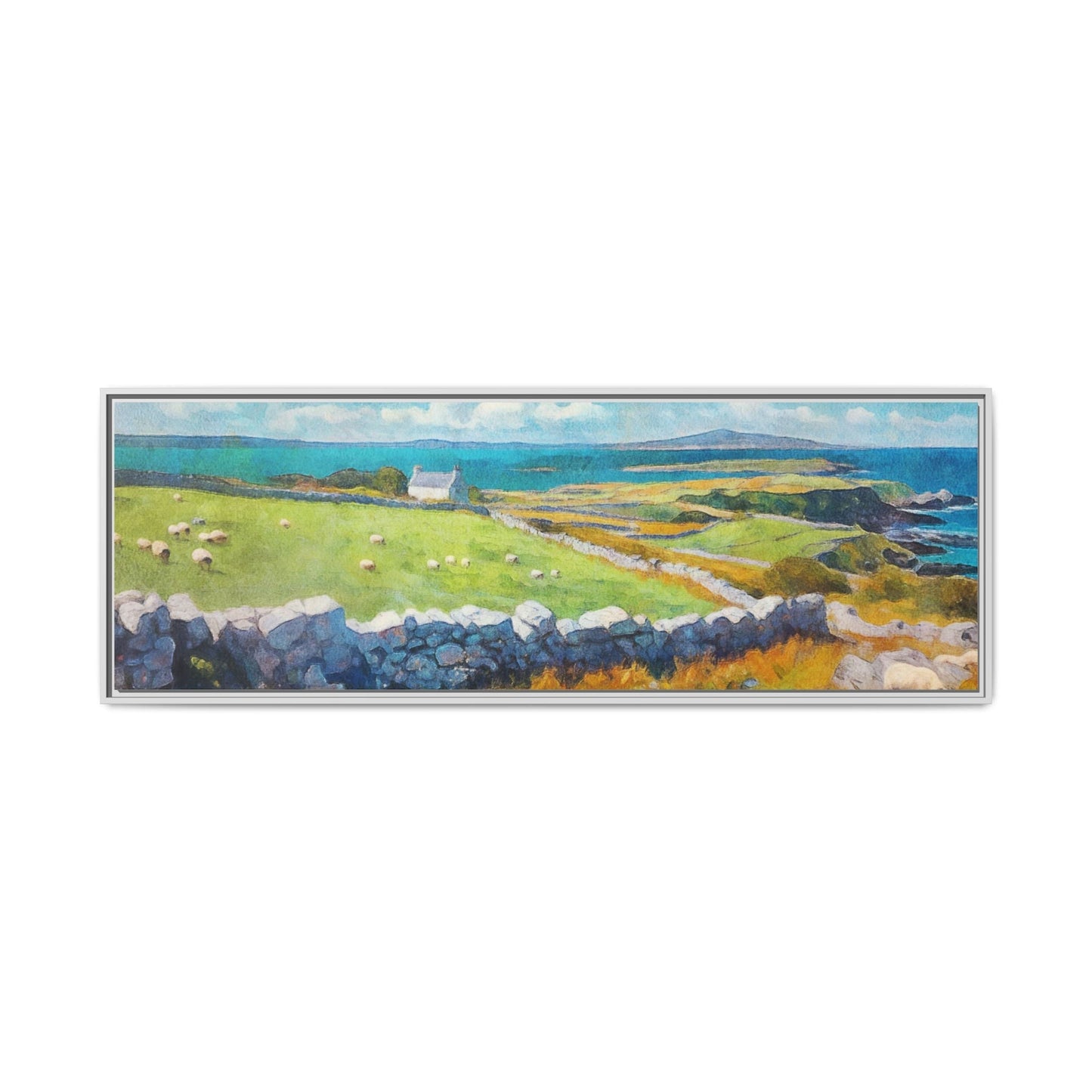 Far Flung Shores W.COL wall art featuring a serene coastal landscape, printed on high-quality canvas with a premium pinewood frame.