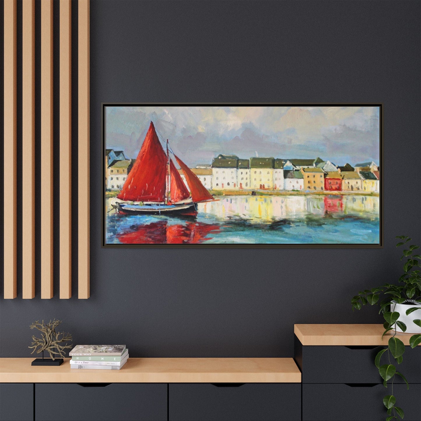 Galway Hooker Leaving Port wall art featuring a Galway Hooker boat sailing in a coastal scene, printed on high-quality canvas with a premium frame.