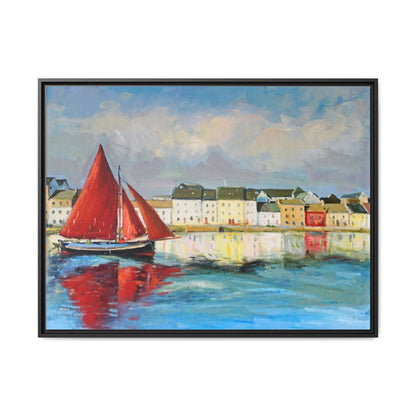 Galway Hooker Leaving Port wall art featuring a Galway Hooker boat sailing in a coastal scene, printed on high-quality canvas with a premium frame.