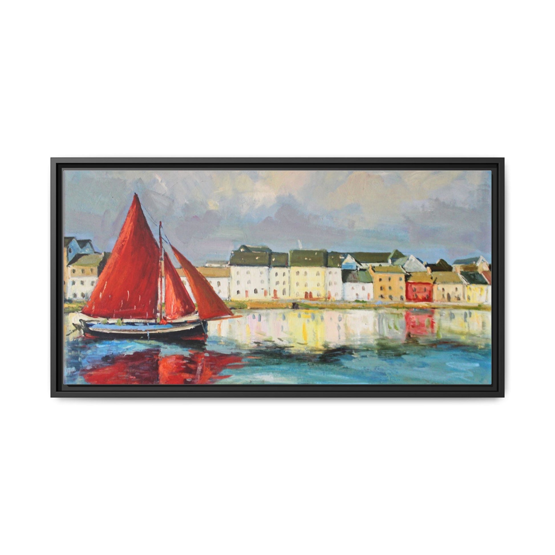 Galway Hooker Leaving Port wall art featuring a Galway Hooker boat sailing in a coastal scene, printed on high-quality canvas with a premium frame.