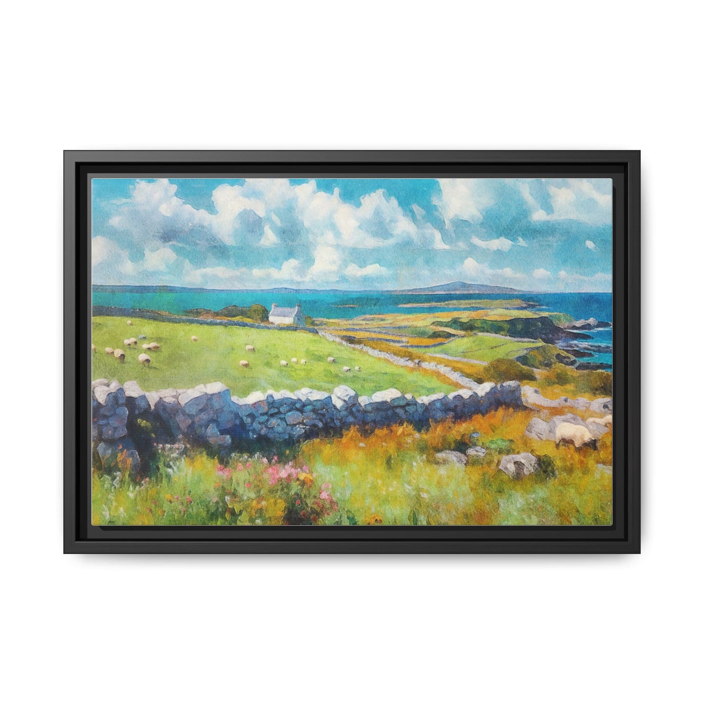 Far Flung Shores W.COL wall art featuring a serene coastal landscape, printed on high-quality canvas with a premium pinewood frame.