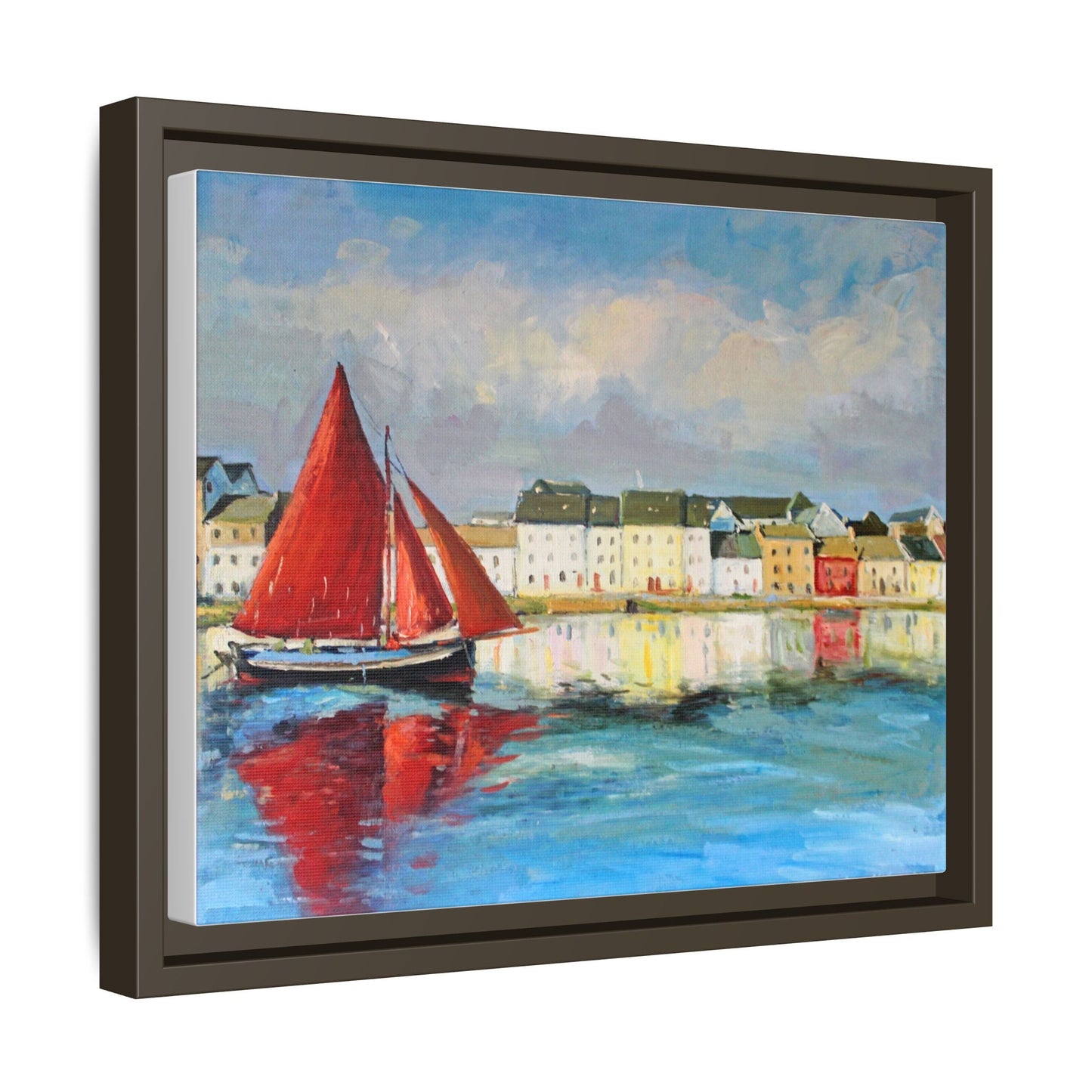 Galway Hooker Leaving Port wall art featuring a Galway Hooker boat sailing in a coastal scene, printed on high-quality canvas with a premium frame.