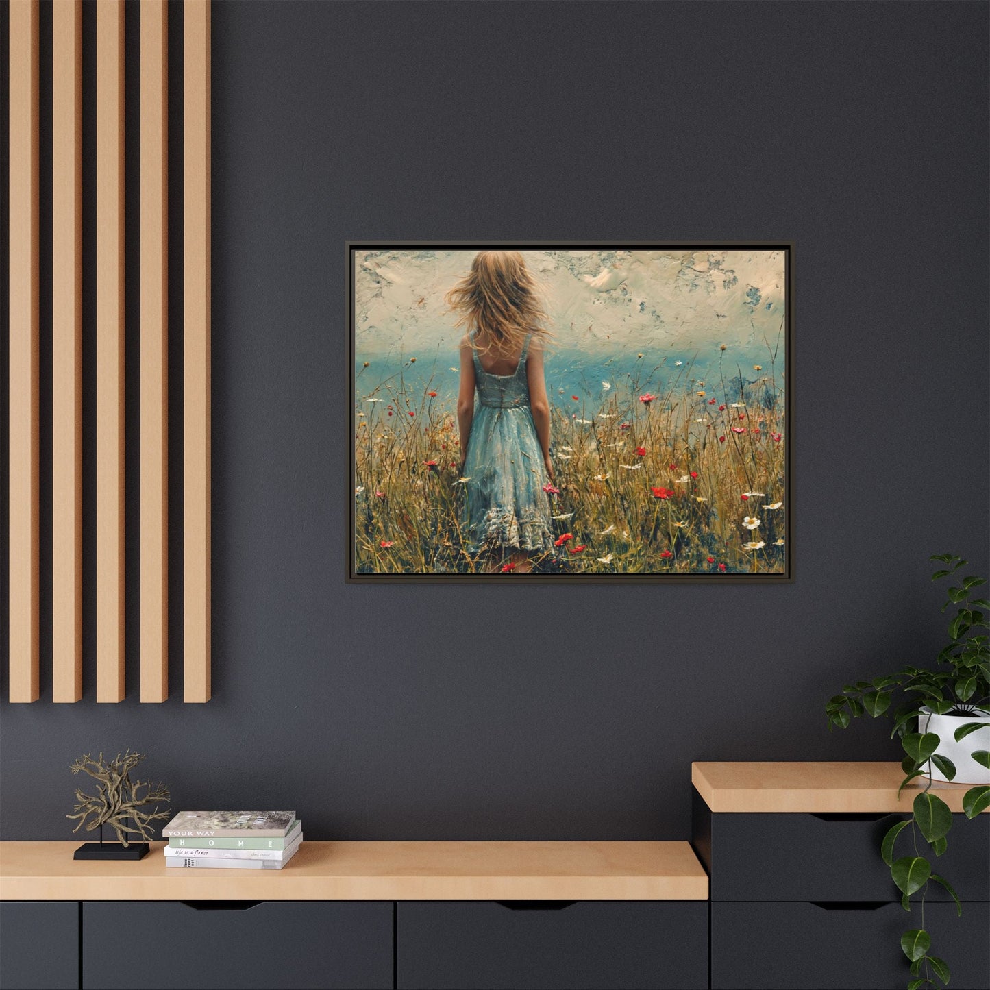 Young Girl Looking Out To Sea wall art, featuring a peaceful ocean view and a young girl in contemplation, printed on high-quality canvas for timeless décor.