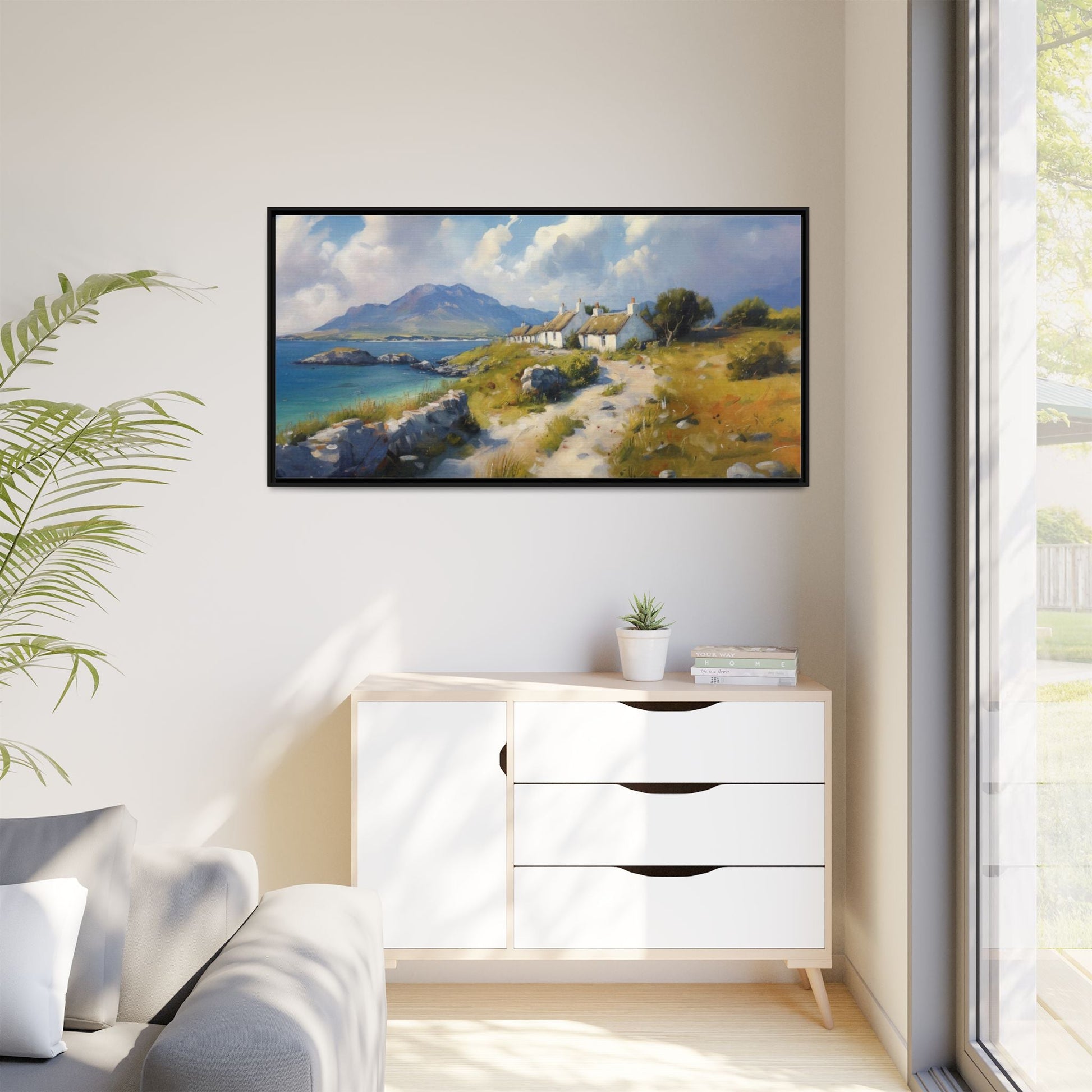 Blustery Day wall art featuring a dramatic wind-swept landscape in a pinewood frame.