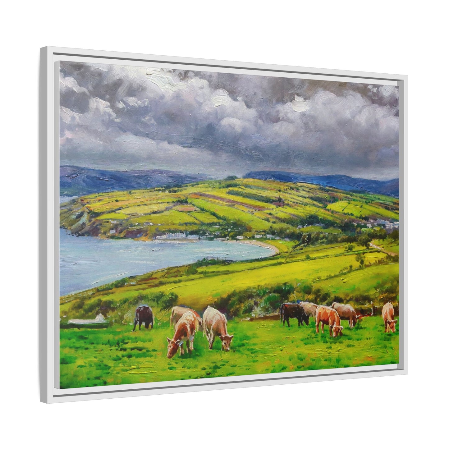 Cushendun Hills wall art showcasing rolling hills and scenic Irish landscapes, framed in high-quality materials for an elegant look.