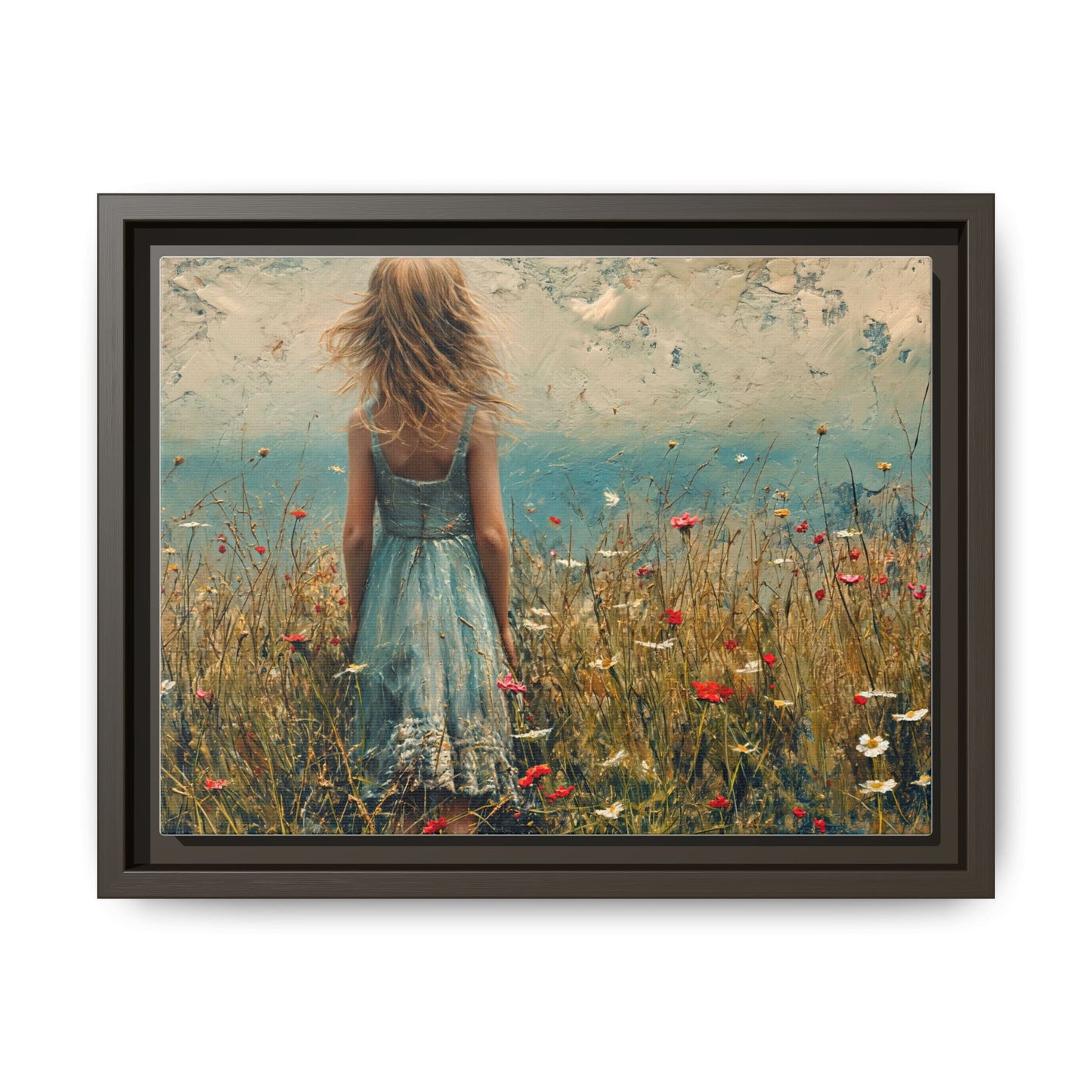 Young Girl Looking Out To Sea wall art, featuring a peaceful ocean view and a young girl in contemplation, printed on high-quality canvas for timeless décor.