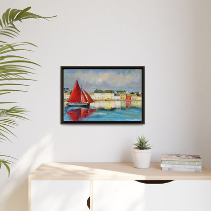 Galway Hooker Leaving Port wall art featuring a Galway Hooker boat sailing in a coastal scene, printed on high-quality canvas with a premium frame.