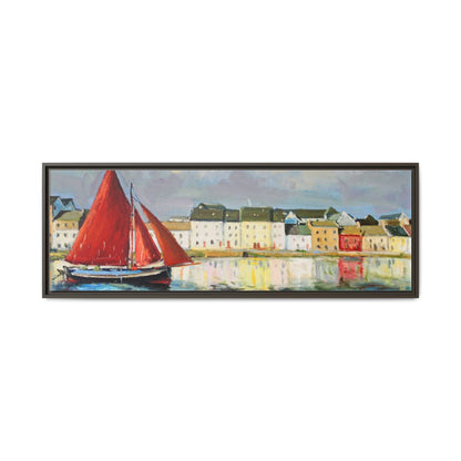 Galway Hooker Leaving Port wall art featuring a Galway Hooker boat sailing in a coastal scene, printed on high-quality canvas with a premium frame.