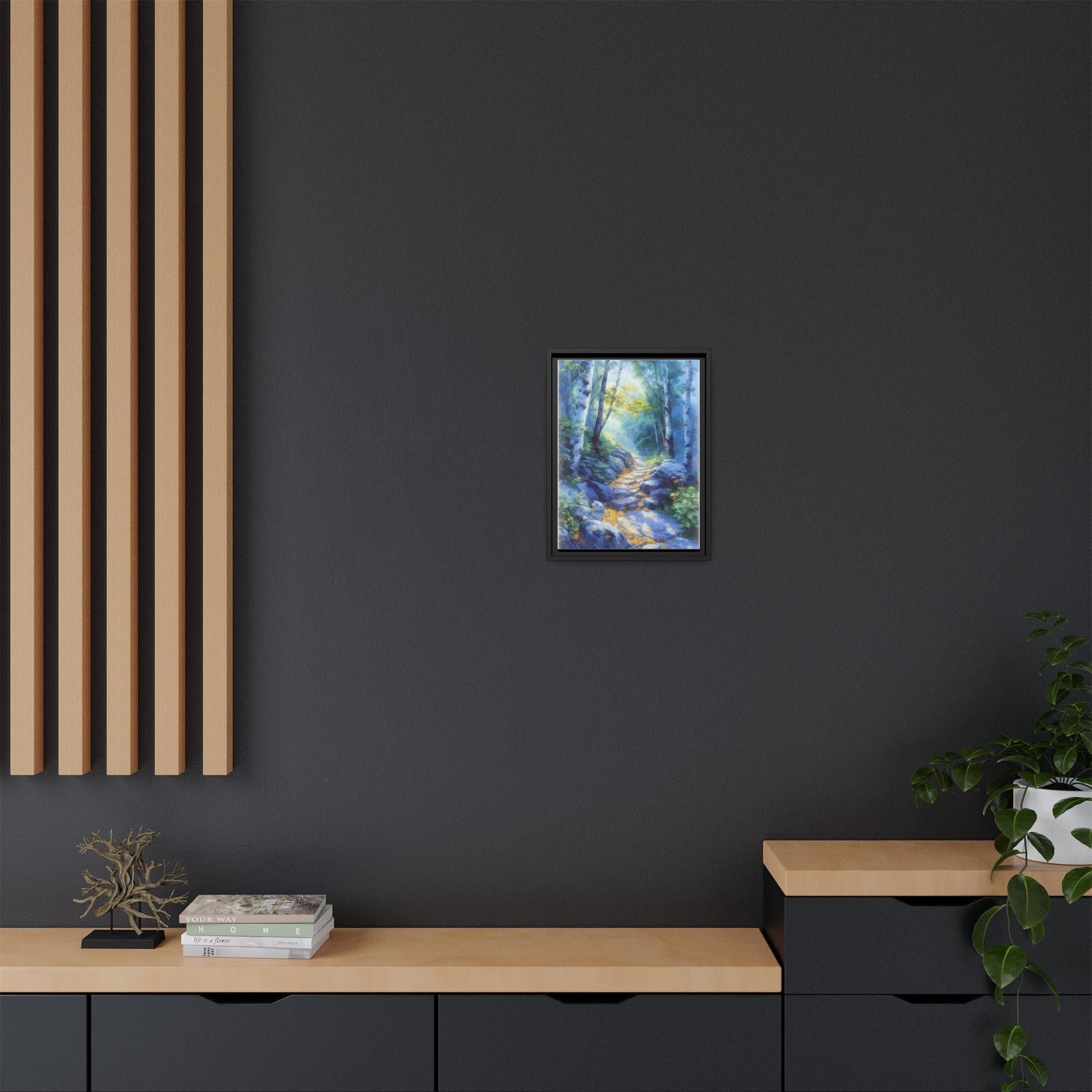 Blue Forest Path II wall art featuring a tranquil forest scene with a serene blue-toned path, printed on high-quality canvas for timeless décor.