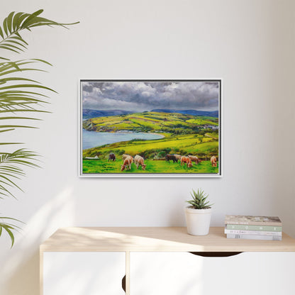 Cushendon Hills wall art showcasing rolling hills and scenic Irish landscapes, framed in high-quality materials for an elegant look.