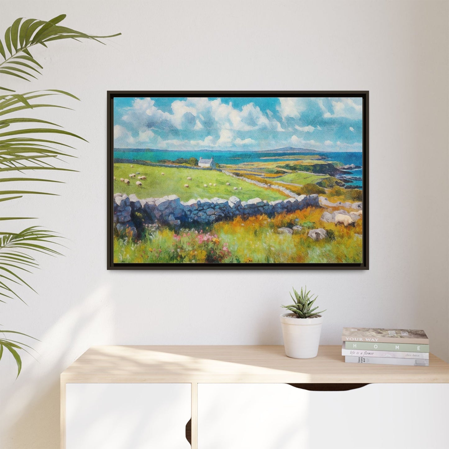 Far Flung Shores W.COL wall art featuring a serene coastal landscape, printed on high-quality canvas with a premium pinewood frame.