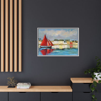 Galway Hooker Leaving Port wall art featuring a Galway Hooker boat sailing in a coastal scene, printed on high-quality canvas with a premium frame.