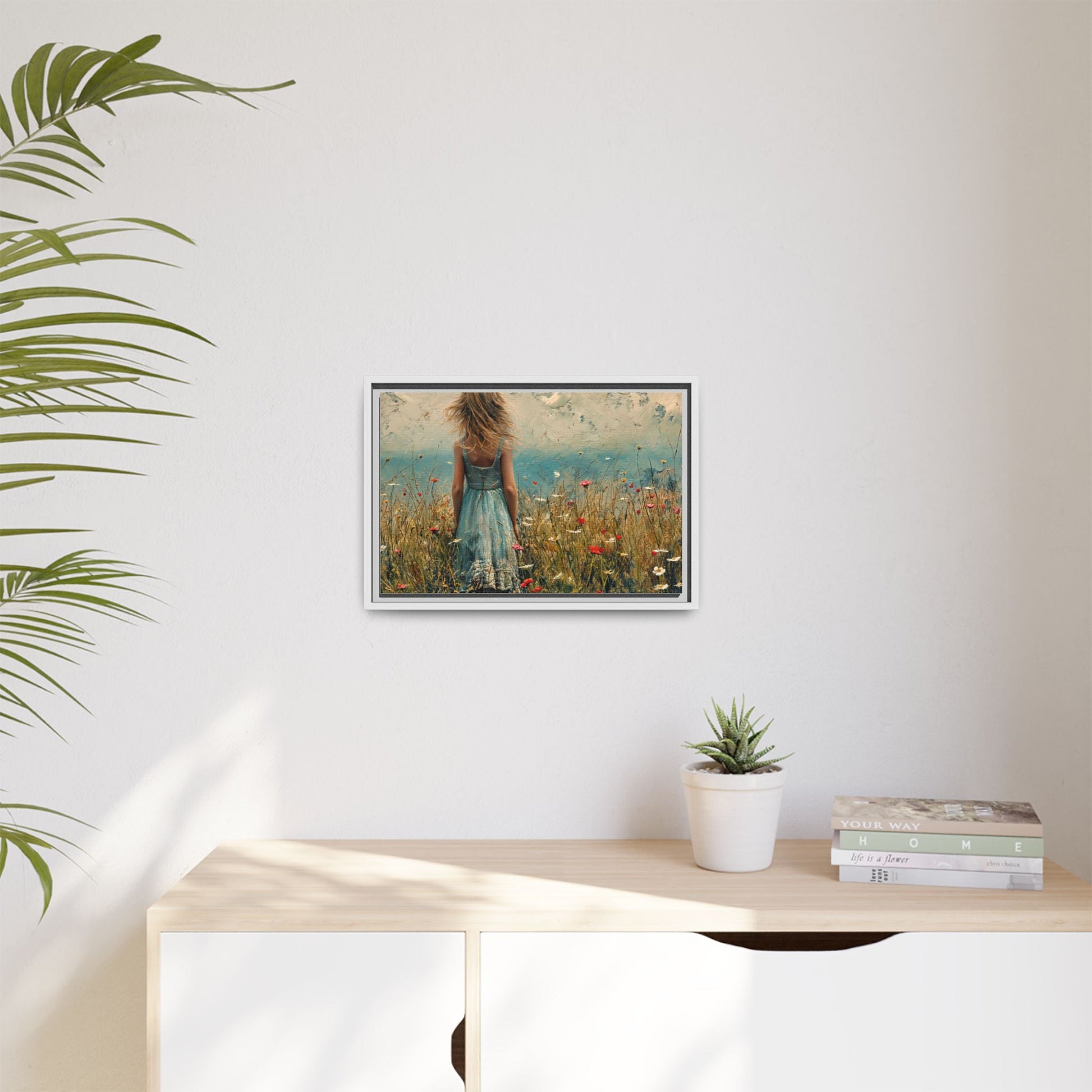 Young Girl Looking Out To Sea wall art, featuring a peaceful ocean view and a young girl in contemplation, printed on high-quality canvas for timeless décor.