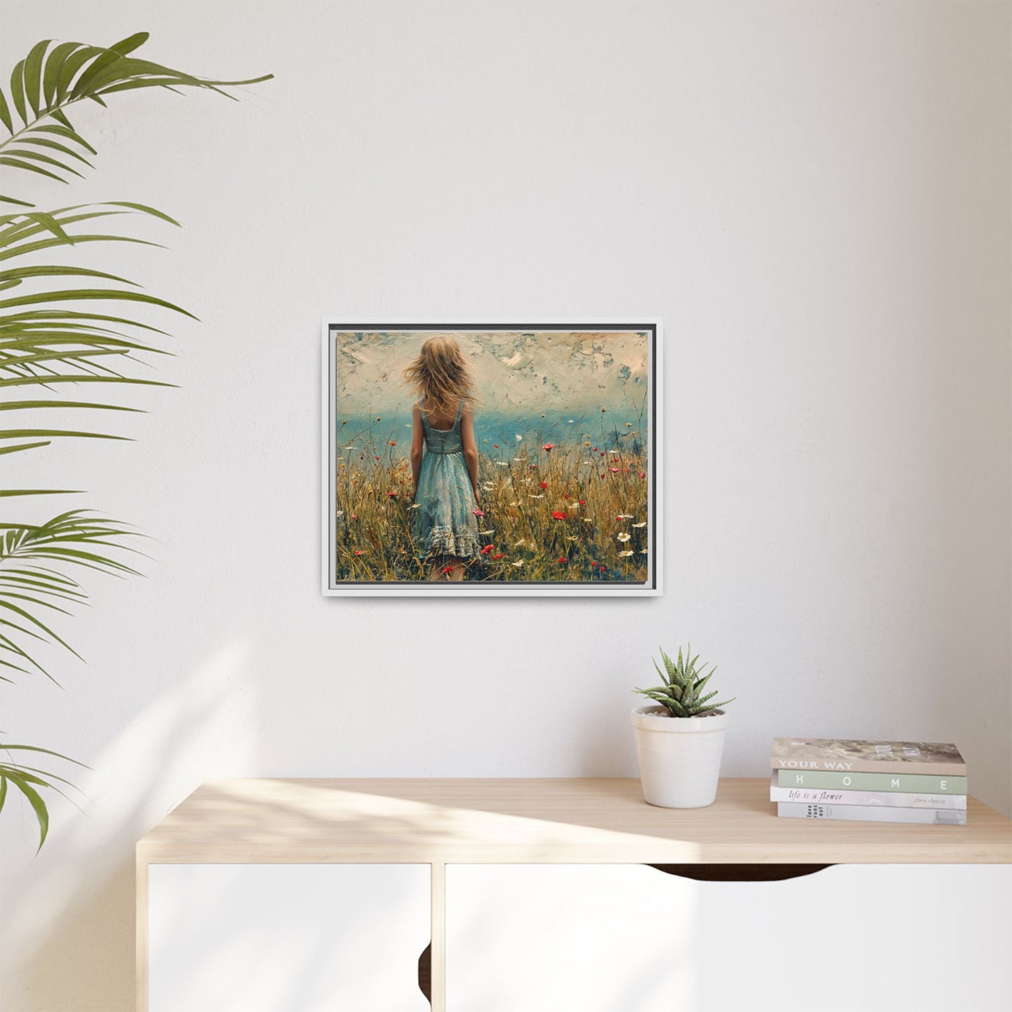 Young Girl Looking Out To Sea wall art, featuring a peaceful ocean view and a young girl in contemplation, printed on high-quality canvas for timeless décor.