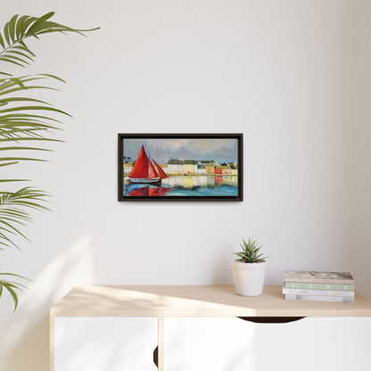 Galway Hooker Leaving Port wall art featuring a Galway Hooker boat sailing in a coastal scene, printed on high-quality canvas with a premium frame.