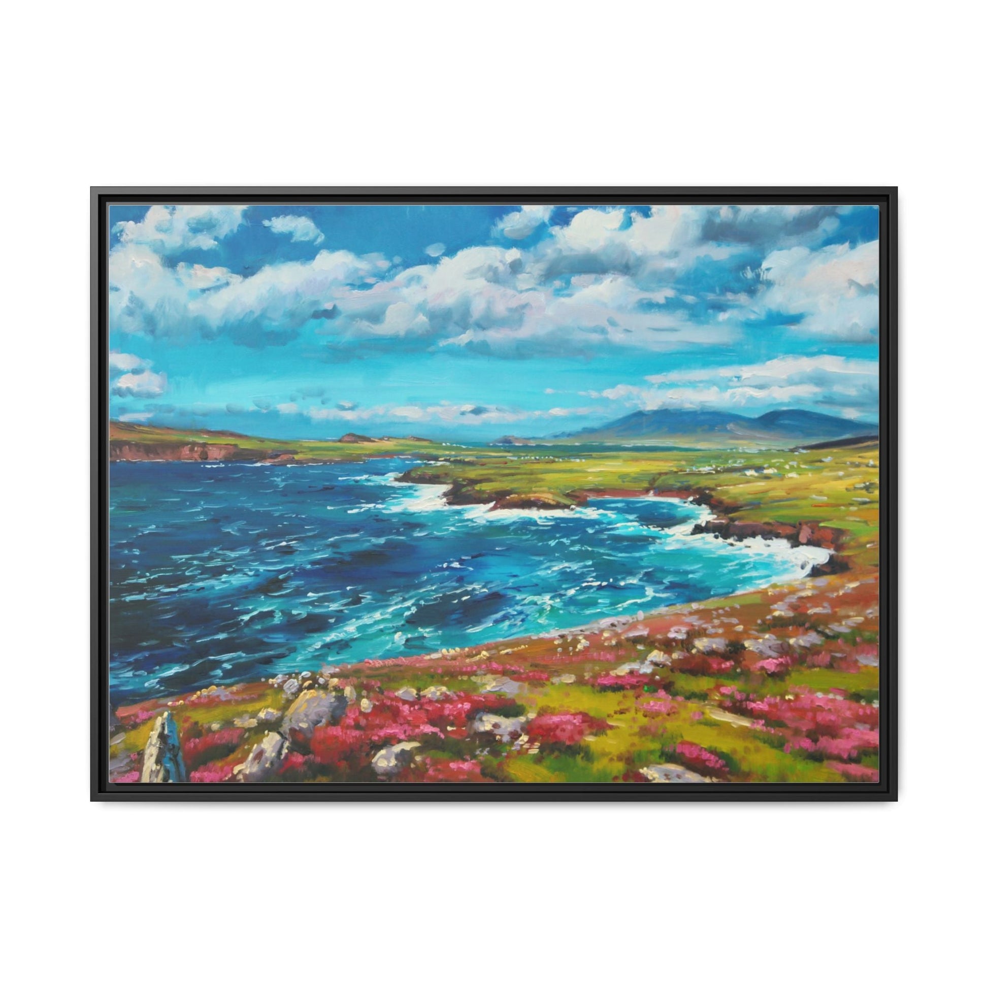 Dingle Peninsula wall art featuring a scenic view of Ireland's rugged coastline, printed on high-quality canvas with a premium frame.