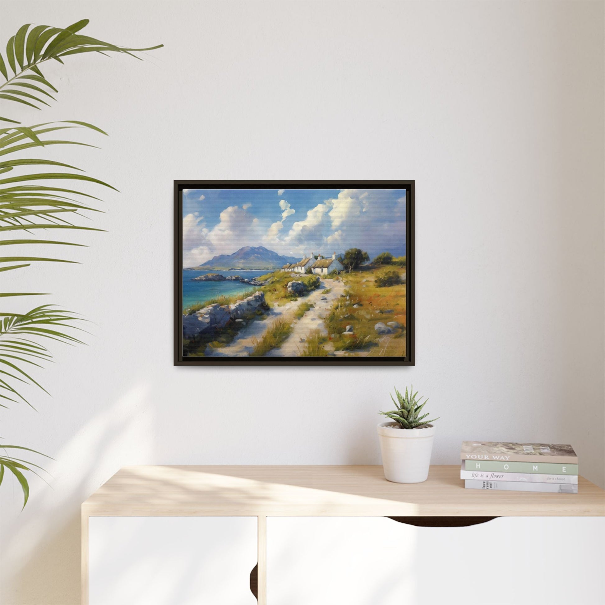 Blustery Day wall art featuring a dramatic wind-swept landscape in a pinewood frame.