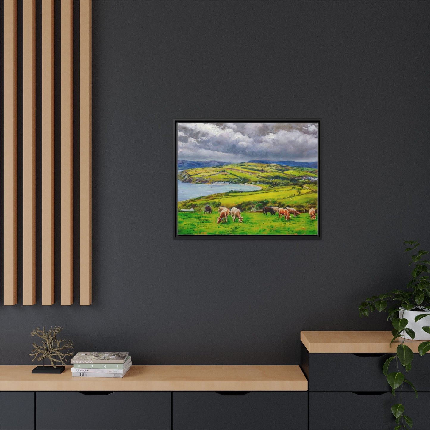 Cushendon Hills wall art showcasing rolling hills and scenic Irish landscapes, framed in high-quality materials for an elegant look.