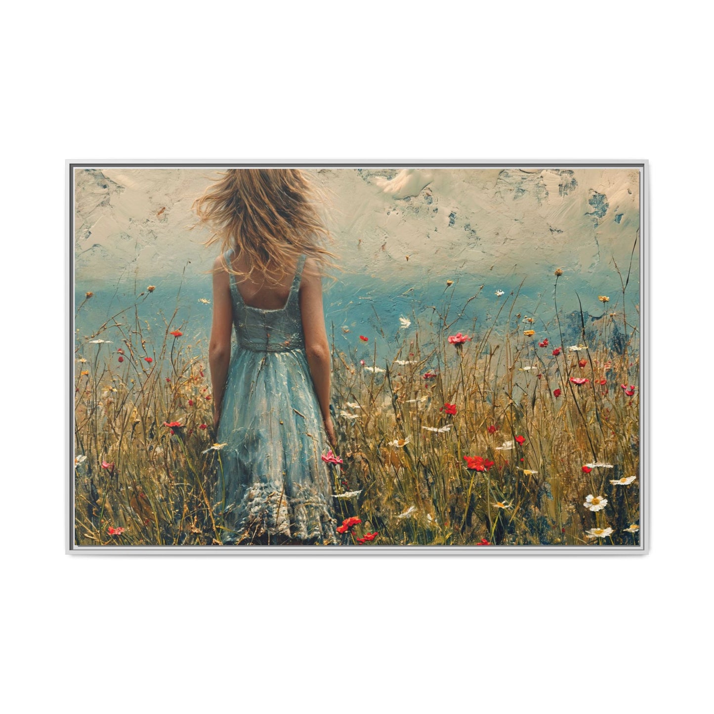 Young Girl Looking Out To Sea wall art, featuring a peaceful ocean view and a young girl in contemplation, printed on high-quality canvas for timeless décor.